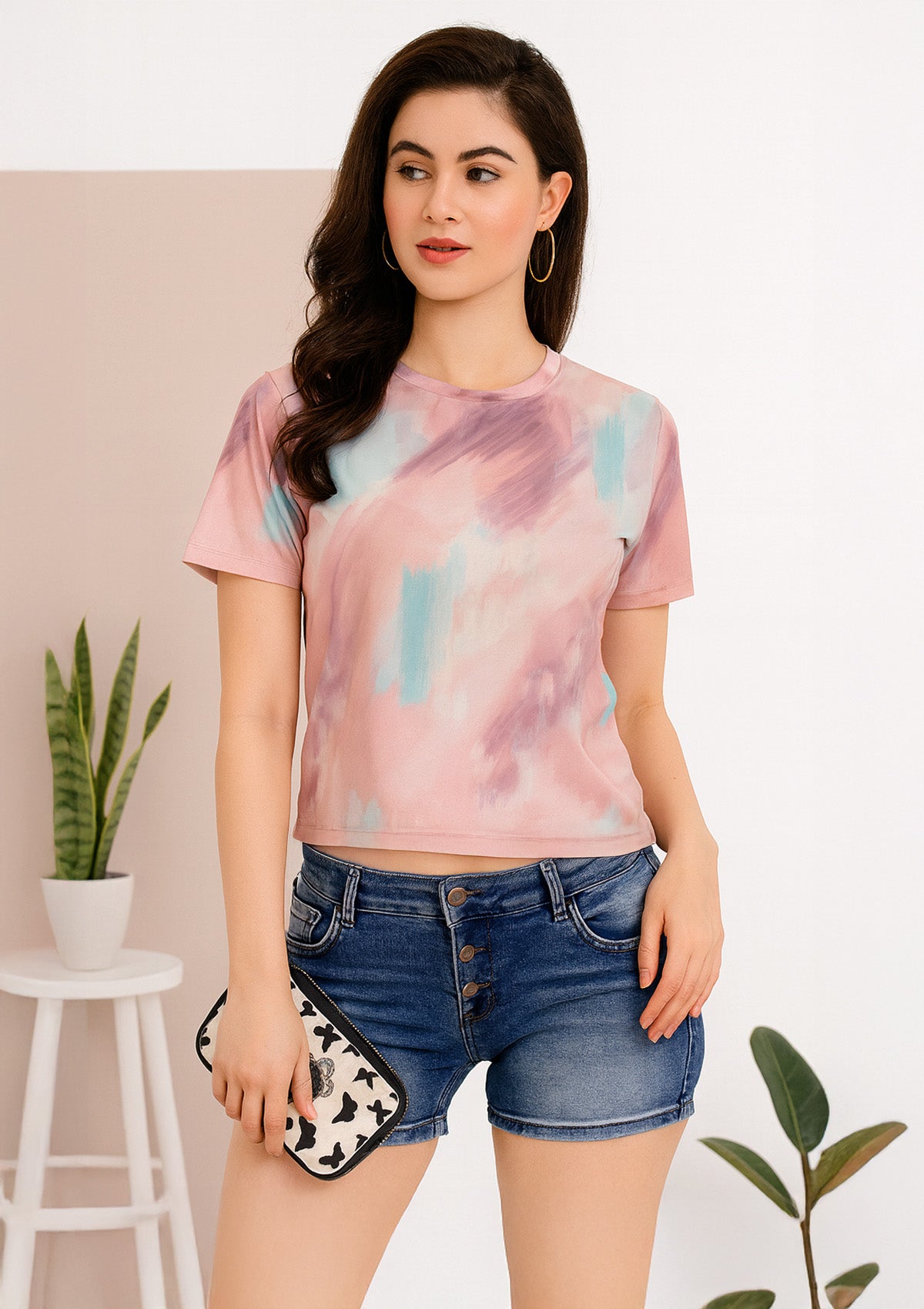 Women’s Printed T‑Shirt – Pastel Pink & Watercolor Cloud Design