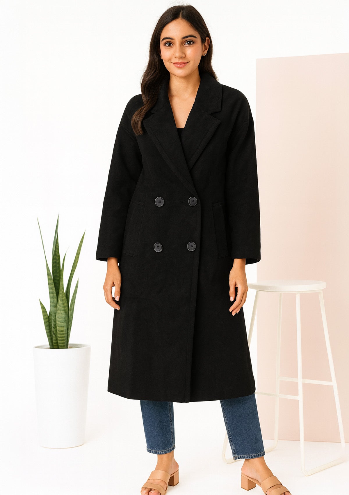 Premium Long Coat for Men – Double‑Breasted Wool‑Blend Feel