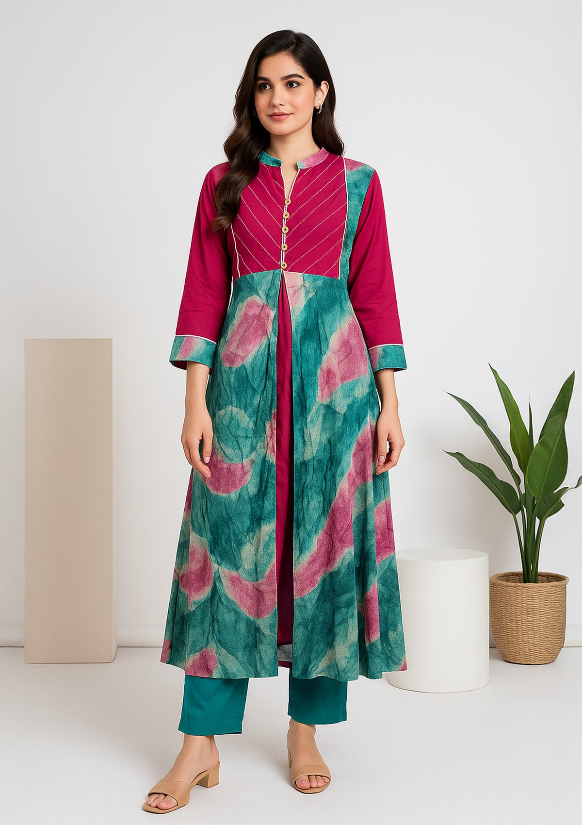 Women's Rayon A-line Kurti – Pink Bluish Green Abstract Print
