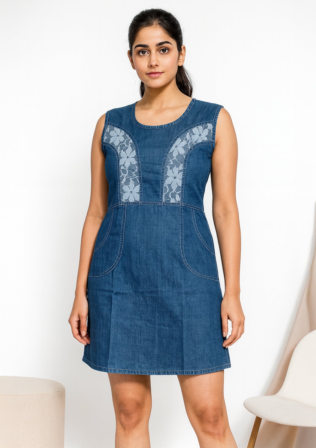 Women’s Blue Sleeveless Denim Midi Dress – Lace Panel