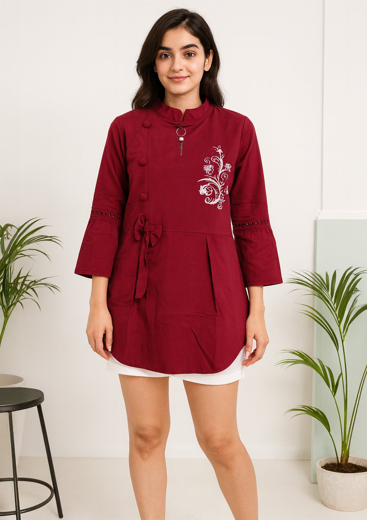 Maroon Spandex Stretchable Top – Asymmetric Button & Floral Embroidery