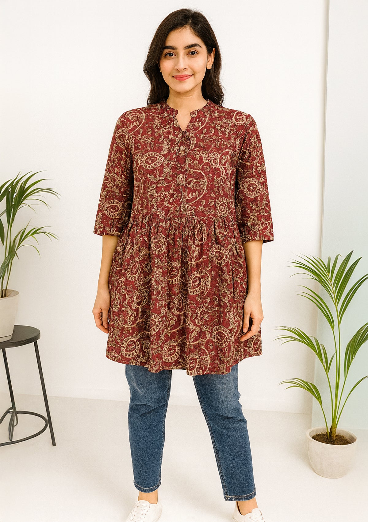 Maroon Cotton Frock Style Top – Floral Print & Button Front
