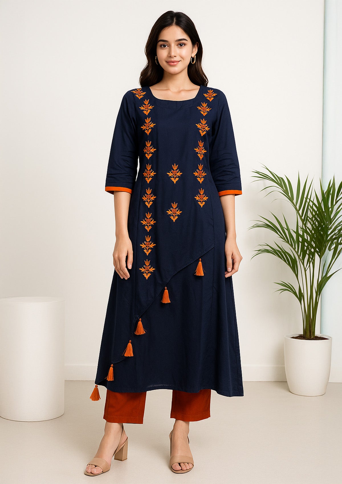 Navy Blue Rayon A-Line Kurti Dress – Orange Thread Embroidery