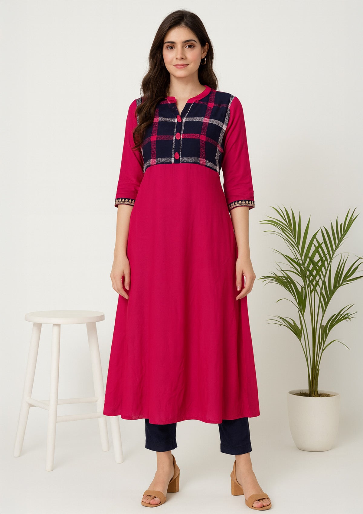 Women’s Pink A-Line Kurti – Modern Plaid Yoke