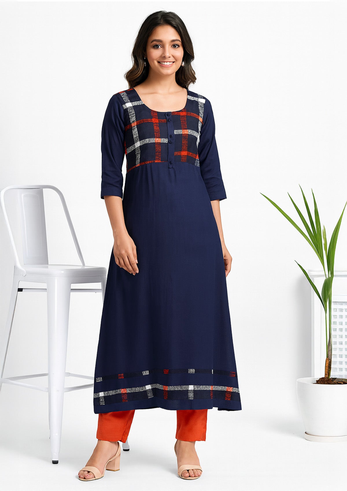 Women's Rayon A-line Kurti – Navy Blue Check Patch