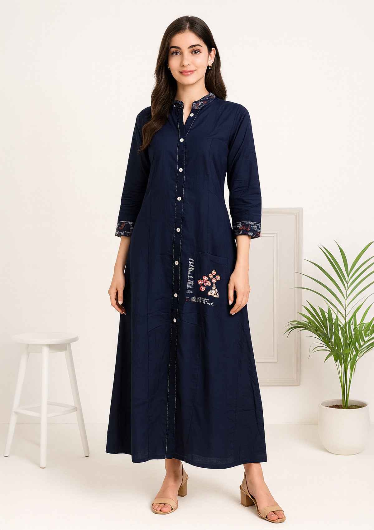 Navy Blue Rayon A-line Kurti – Button Down & Embroidered Pocket