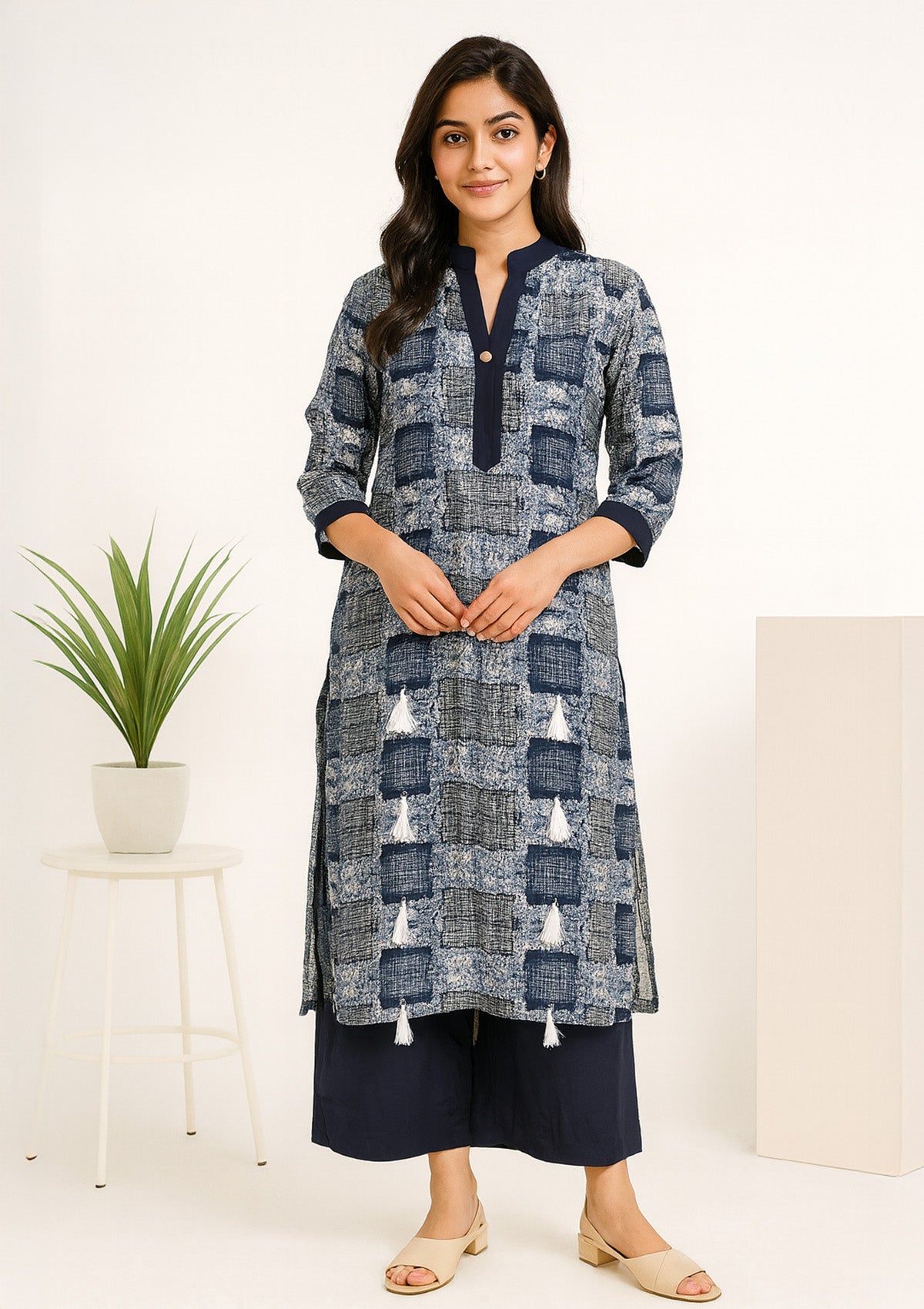 Women Rayon Straight Kurti – Navy Blue White Block Pattern