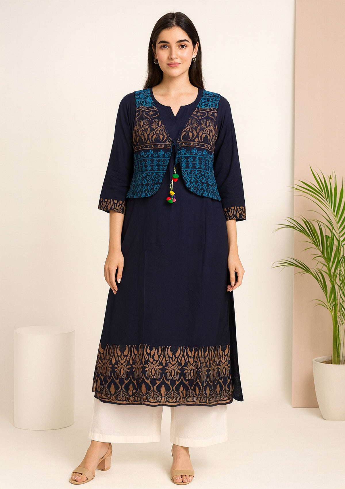 Straight Kurti with Ethnic Printed Jacket – Navy Rayon & Blue-Gold