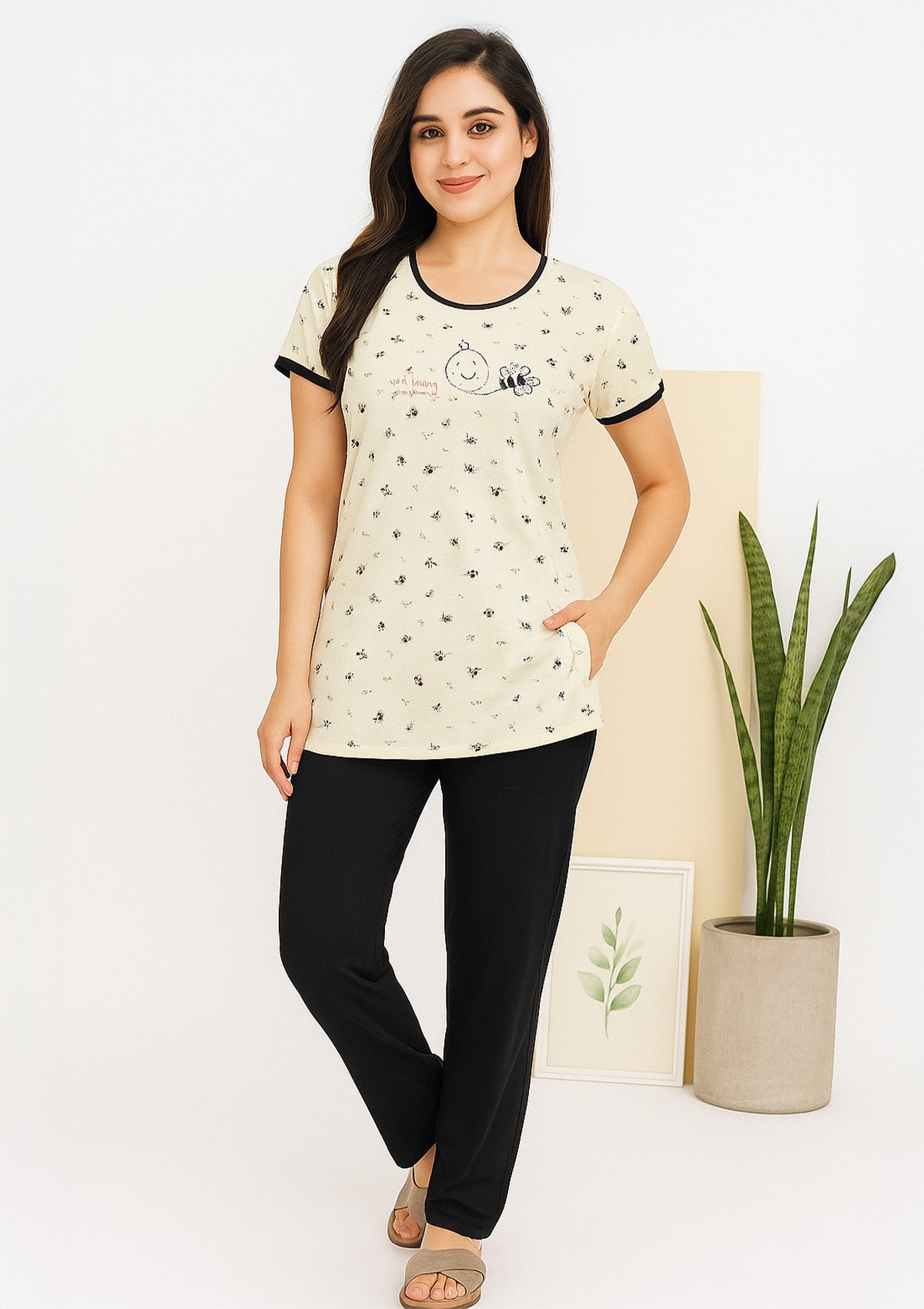 Cream Bee Print Tee and Black Pyjama Lounge Set