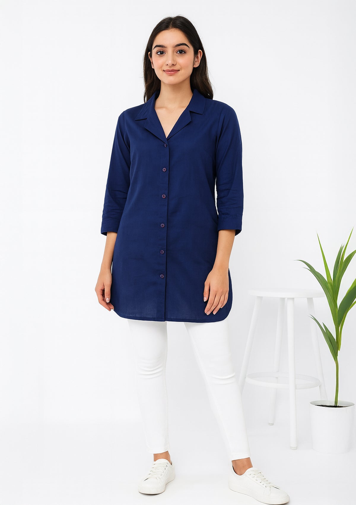 Deep Navy Cotton Kurta – Button Down & Smart Collar with 3/4 Sleeve