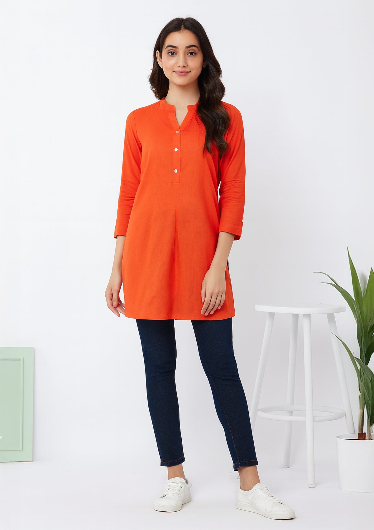 Orange Rayon Solid Kurta – Button Placket & Mandarin Collar