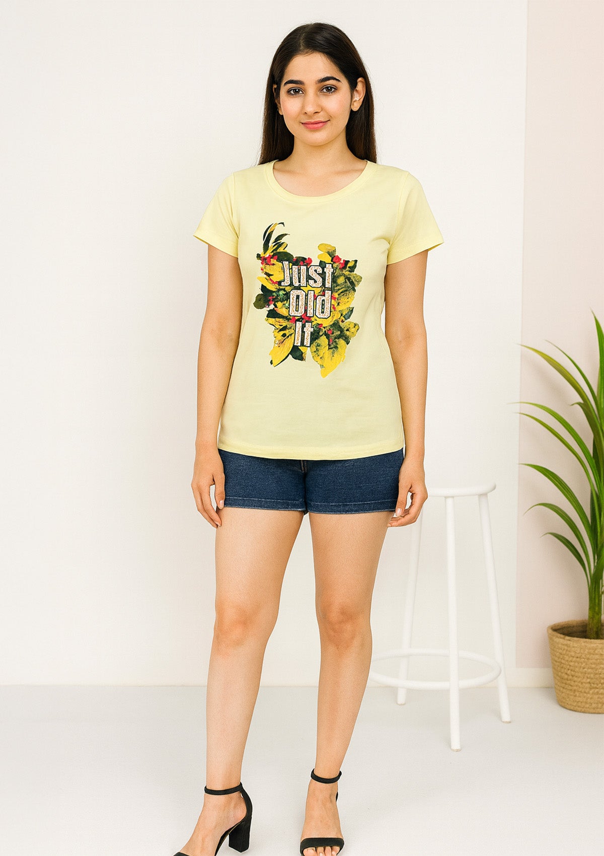 Girls’ Yellow Cotton Hosiery Top – “Just Did It” Floral Graphic