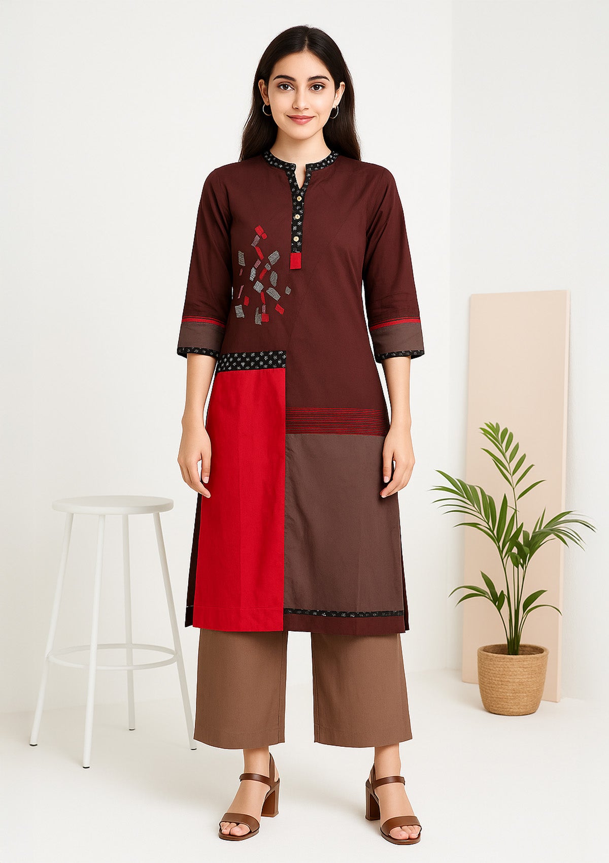 Women Straight Kurti – Brown Maroon Patchwork & Thread Details