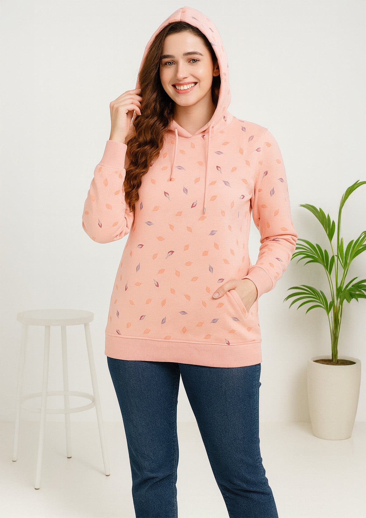 Leaf Print Hoodie – Soft Fleece Pullover with Kangaroo Pocket