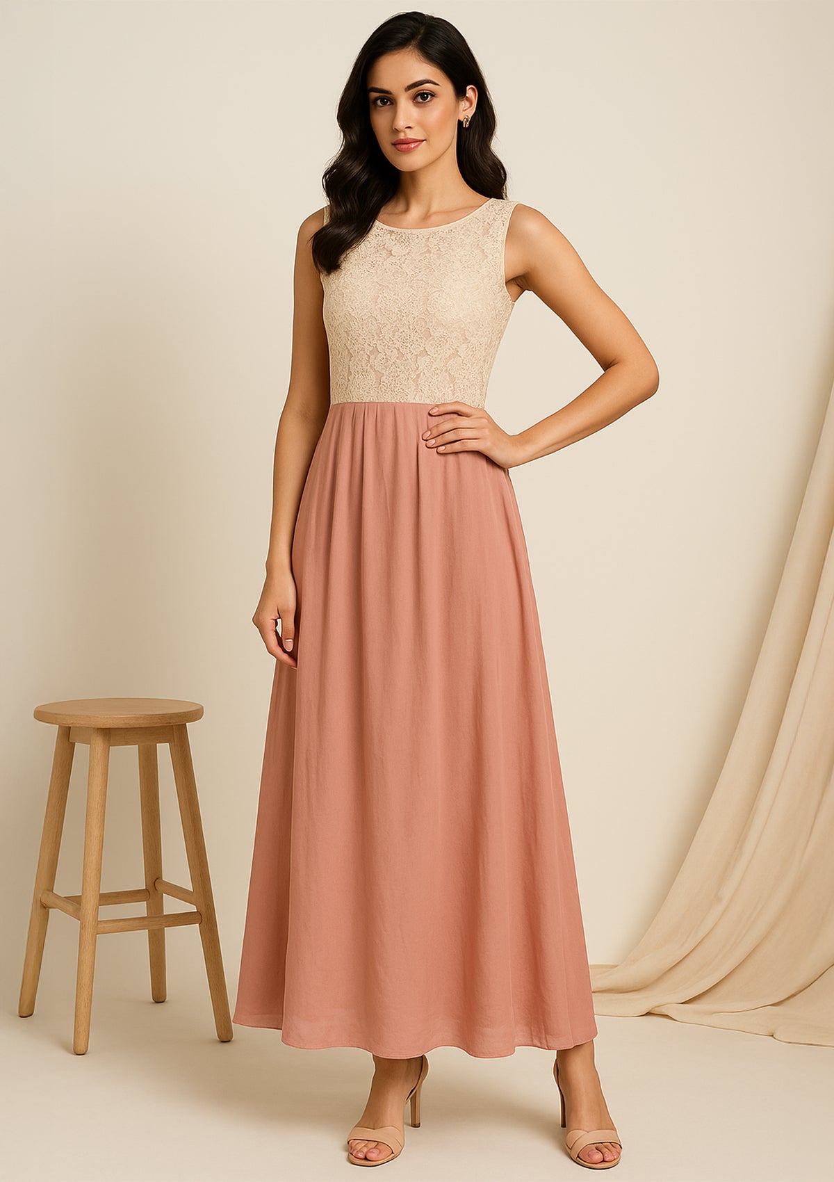 Women’s Peach One Piece Dress – Sleeveless Floral Lace Maxi Gown