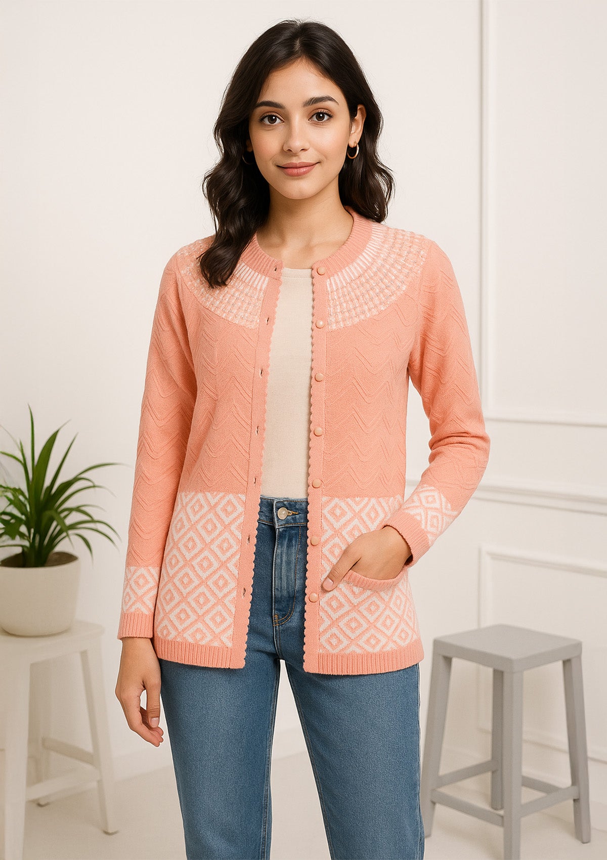 Women's Peach Beaded Yoke Knit Cardigan – Diamond Pattern