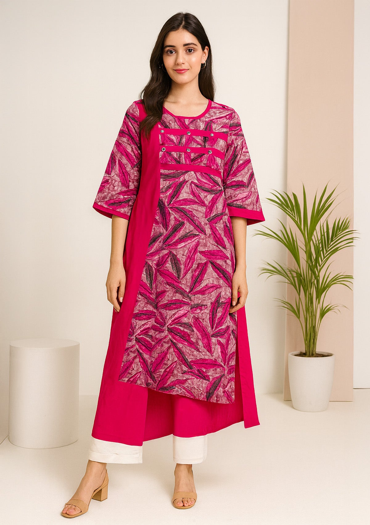 Women Rayon A-Line Kurti – Hot Pink & Abstract Geometric Print