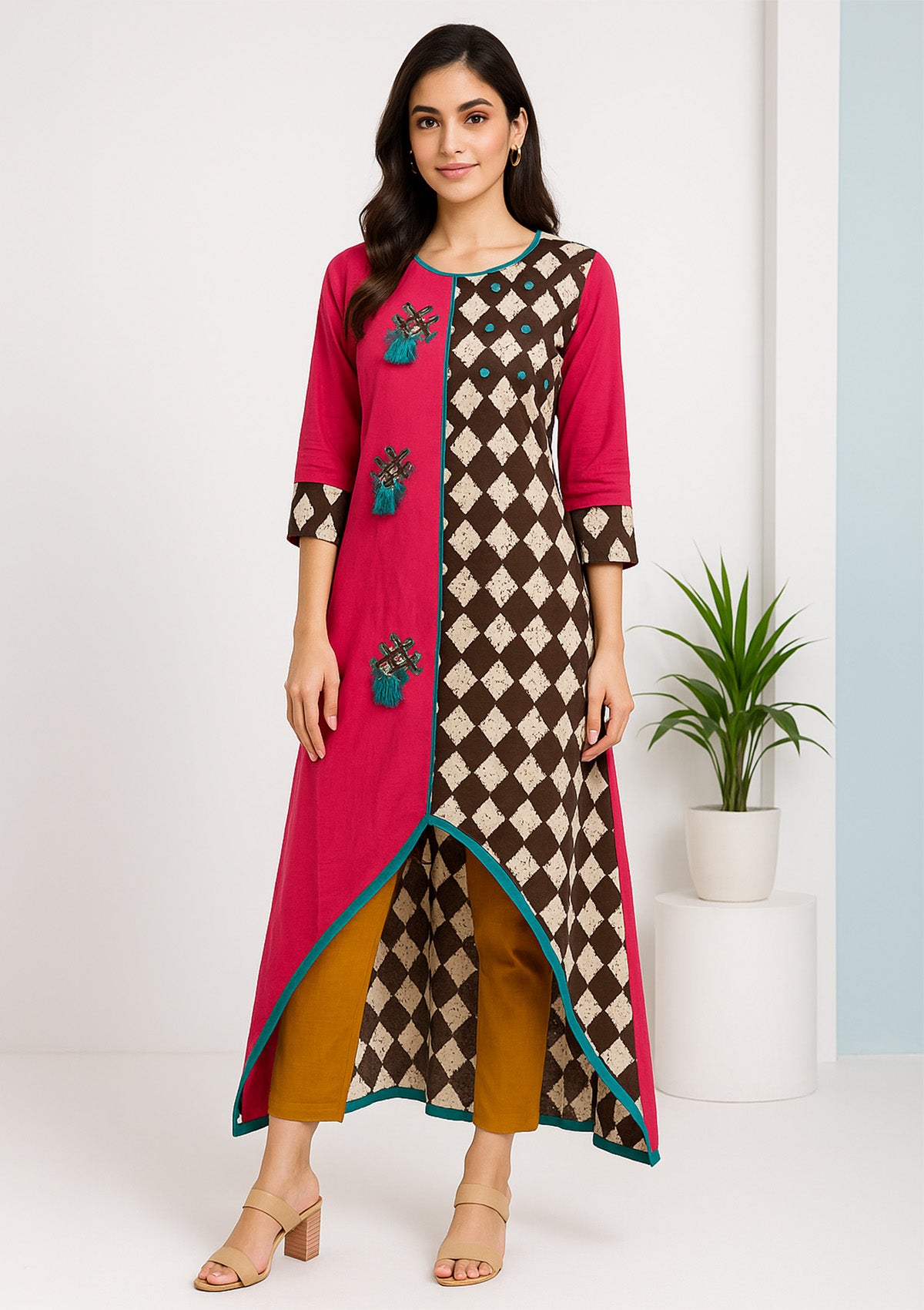 Women's C Cut Kurti – Bright Pink & Coffee Brown & Diamond Print