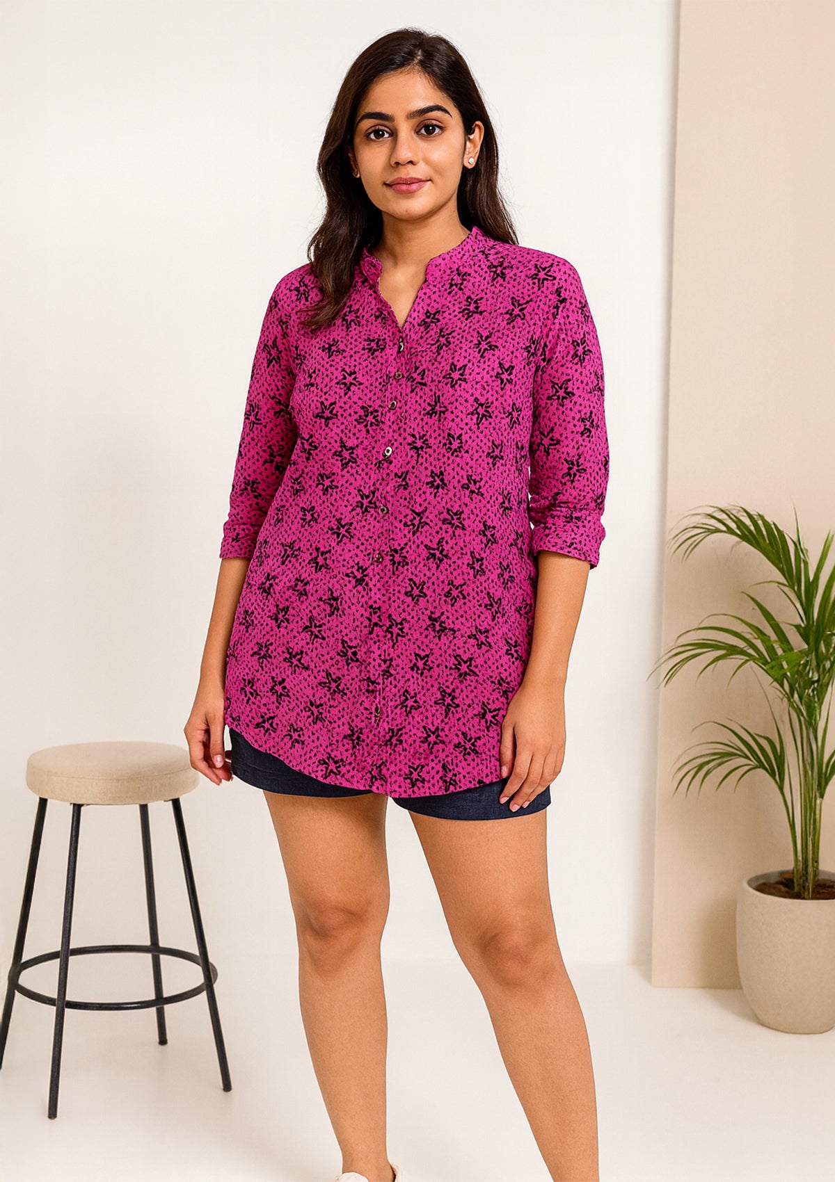 Women’s Fuchsia Georgette Mesh Shirt – Star Print