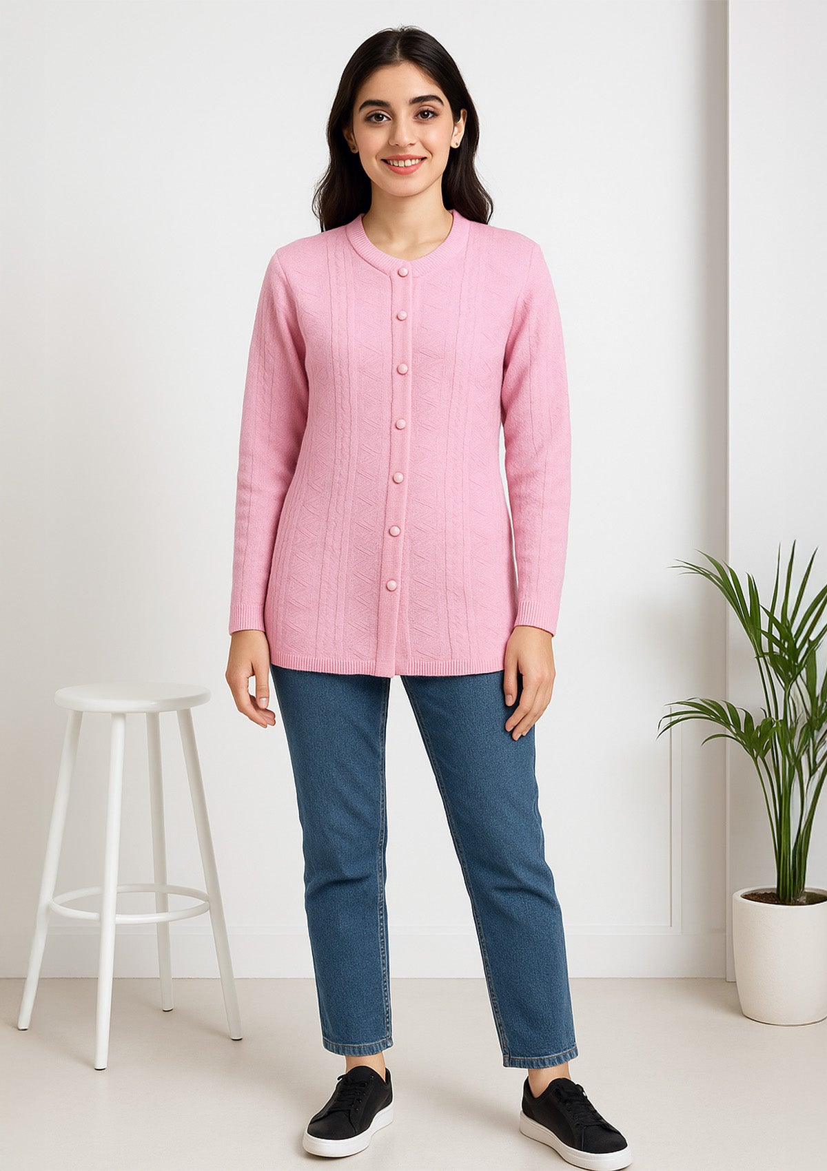 Pink Textured Knit Cardigan – Full Button & Diamond Pattern