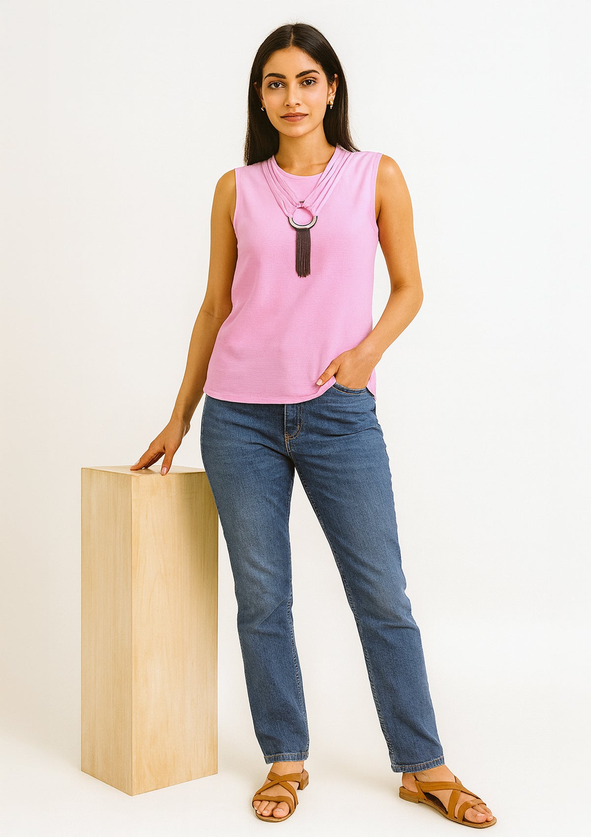 Women’s Pink Sleeveless Top – Layered Neckline & Ring Ornament