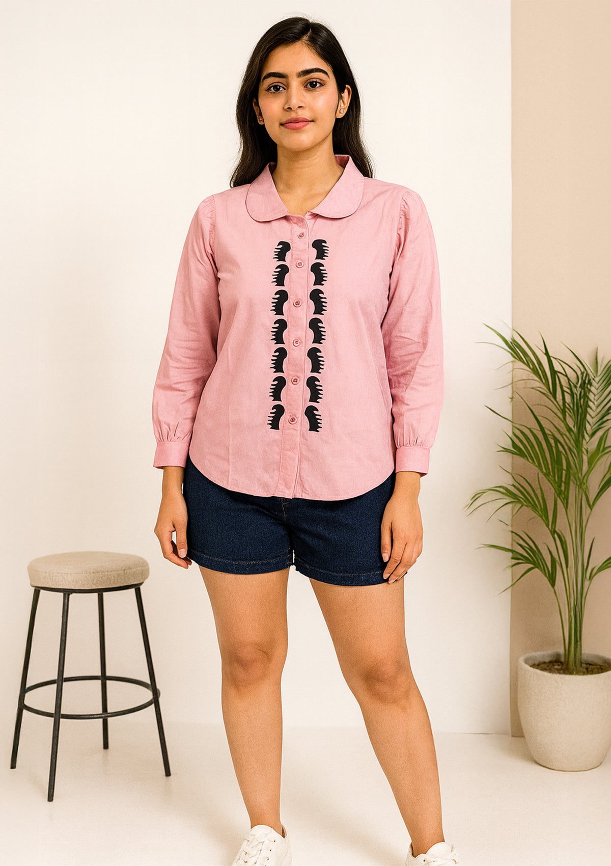 Women’s Pink Cotton Shirt – Abstract Black Center Print