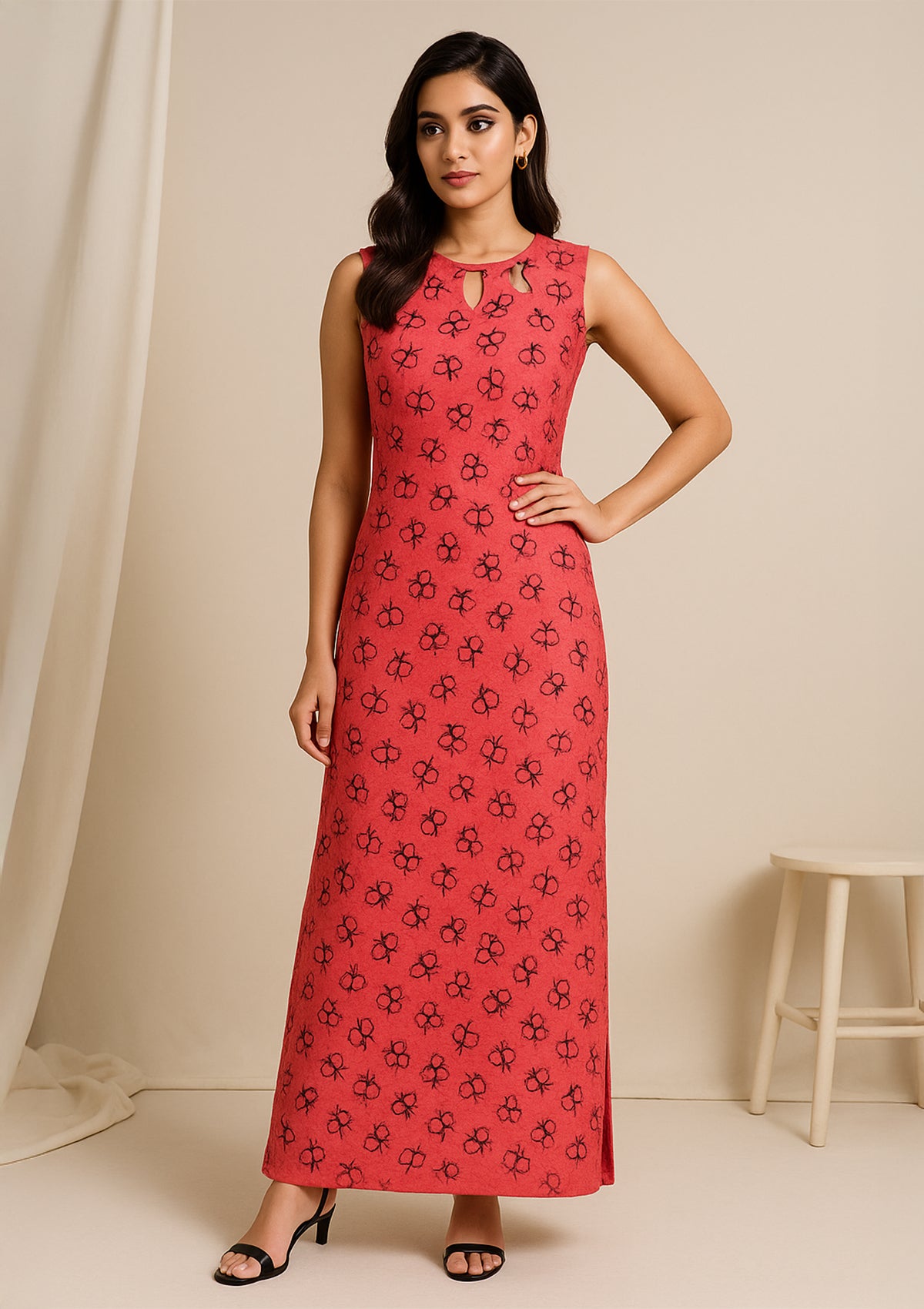 Women’s Pink Heavy Net Floral Midi Dress – Long Party Gown