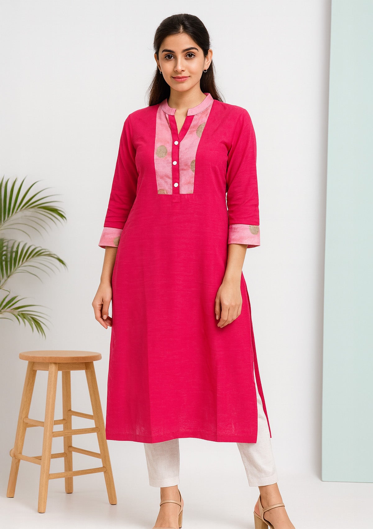 Women’s Pink Cotton Kurti – Printed Contrast Placket