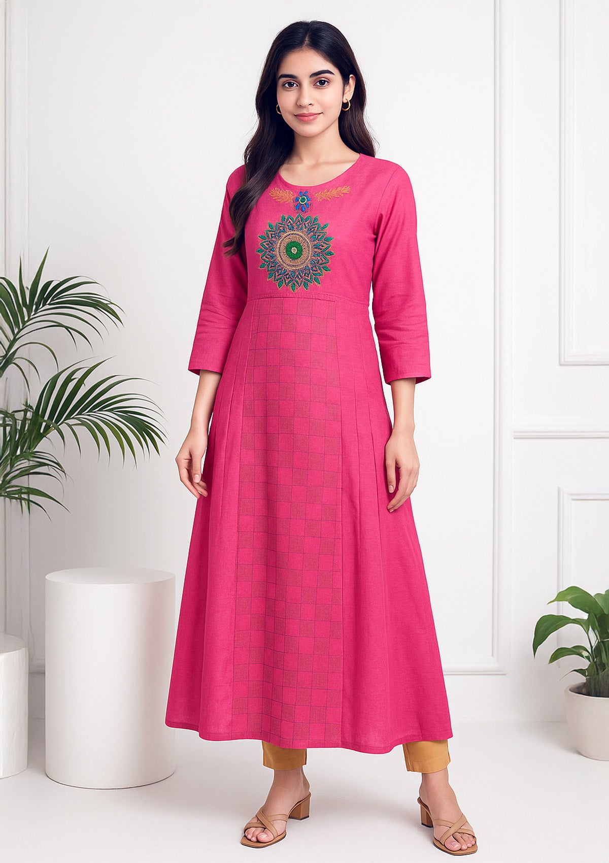 Women's Chanderi Silk A-line Kurti – Hot Pink Embroidered Designer
