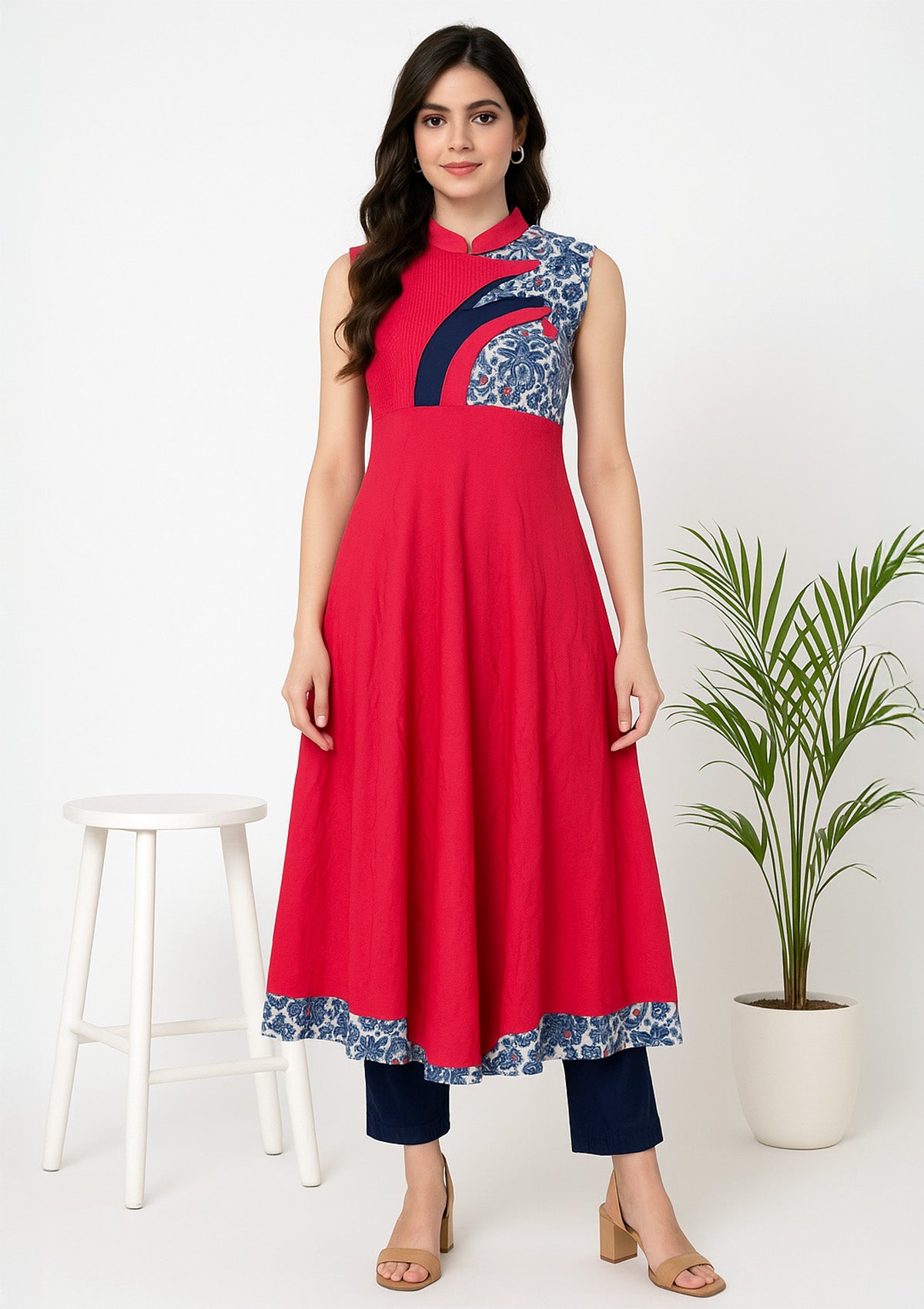 Women’s Deep Pink & Blue Rayon A-Line Kurti – Designer Yoke