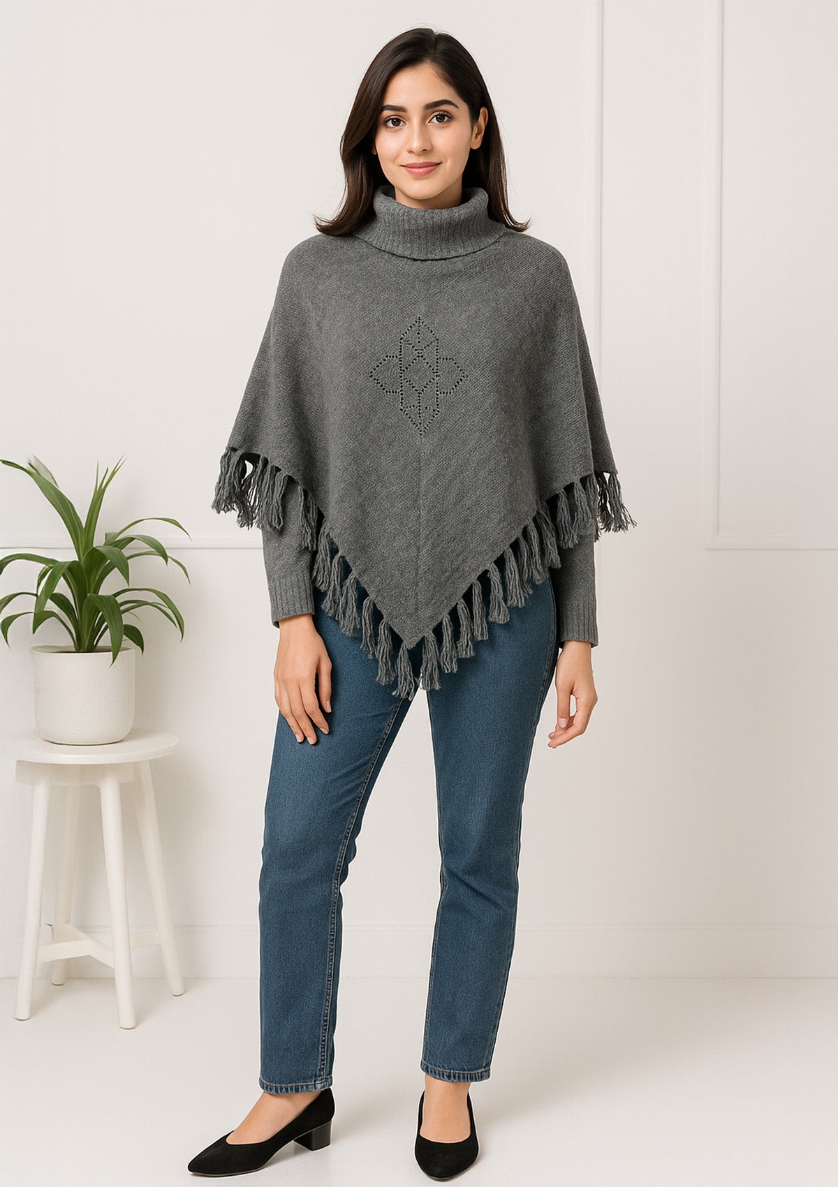 Charcoal Grey Winter Layer Poncho Top – Soft Knit Cape