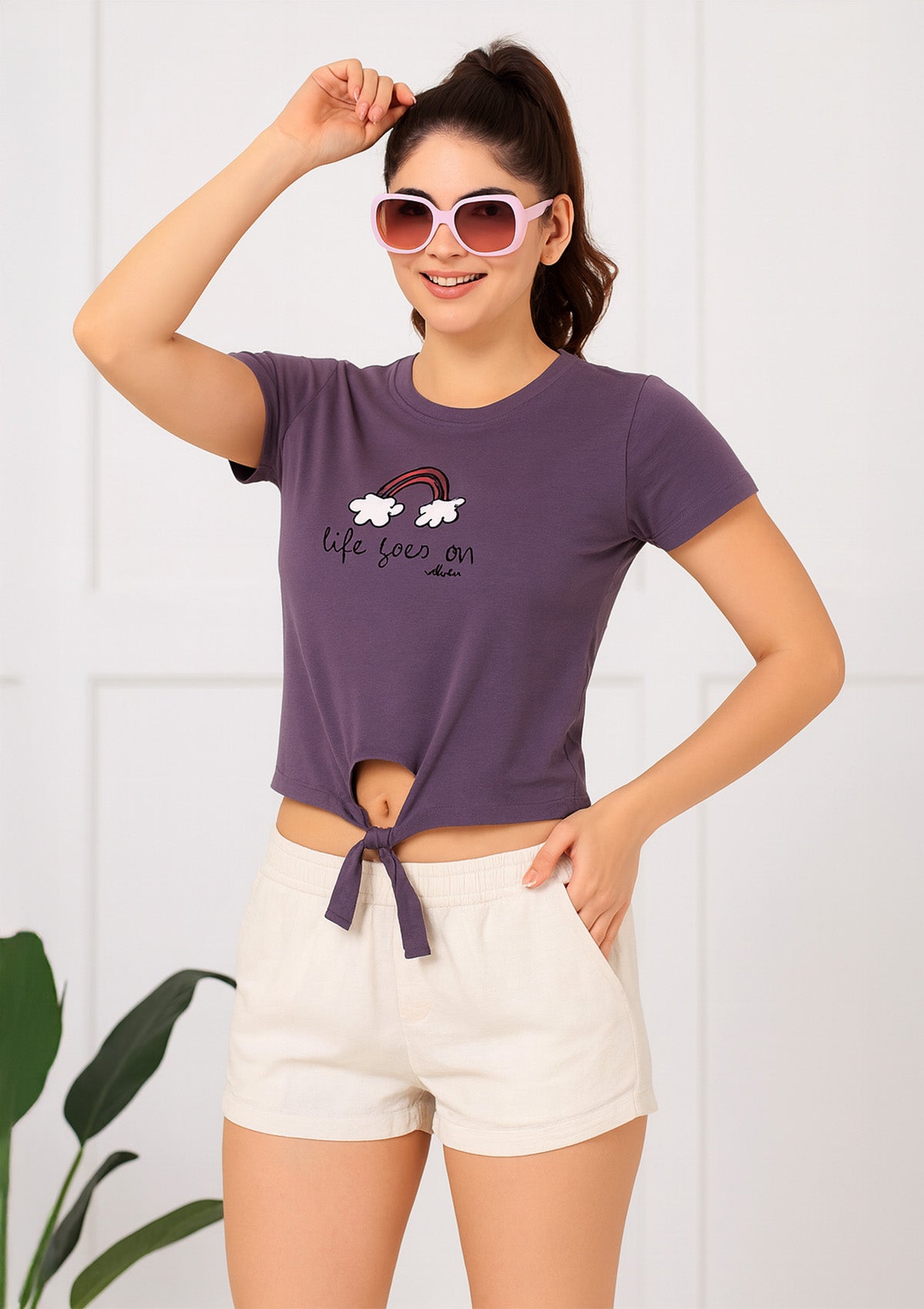 Women’s Tie Front Graphic Crop Top – Purple Cotton Jersey