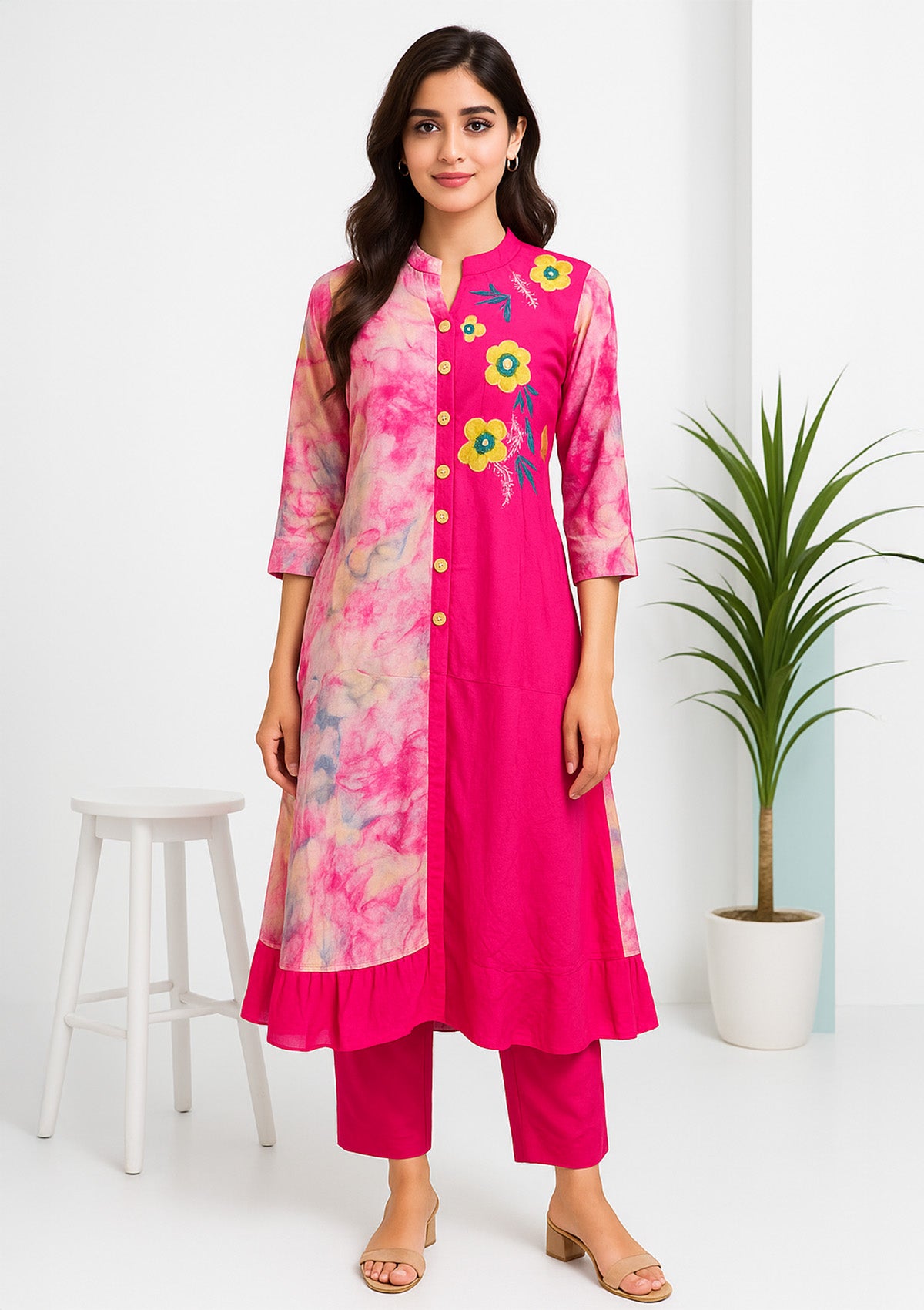 Women’s Pink Multicolor A-Line Kurti – Floral Embroidery