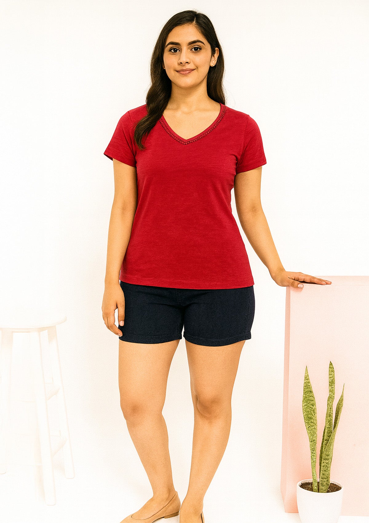 Red Hosiery V-Neck Top – Solid Color & Everyday Comfort
