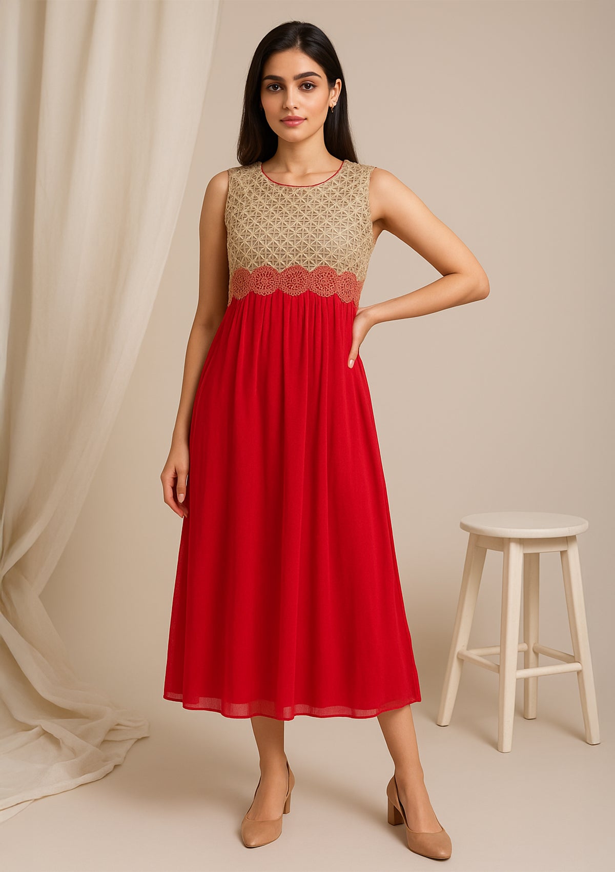 Women’s Red Chiffon & Net Midi Dress - Designer Floral Party Dress