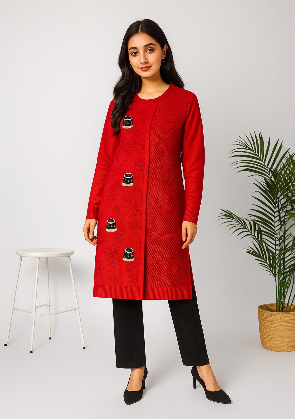 Red Winter Knit Kurti – Long Warm Dress & Textured Panel