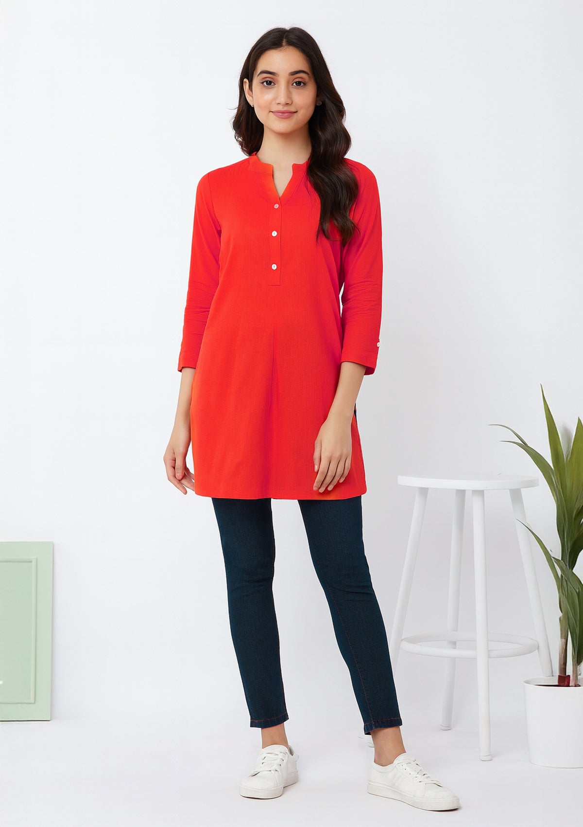 Women’s Red Rayon Kurta – Solid & Button Placket