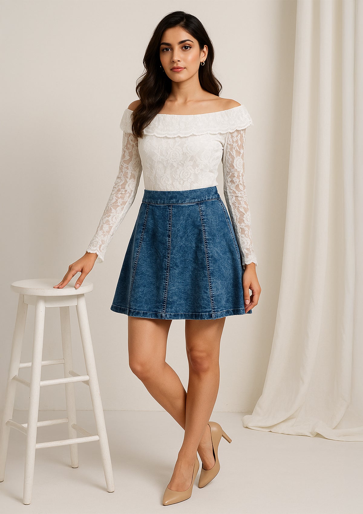 Women’s Off-Shoulder Denim & Net Midi Dress - Designer Lace