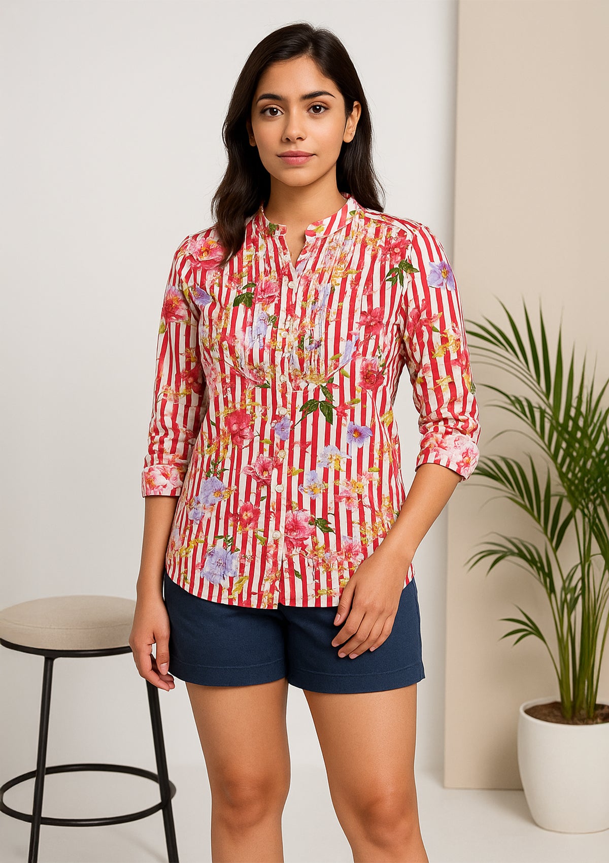 Women’s Red-White Stripe Floral Cotton Shirt – Printex Work