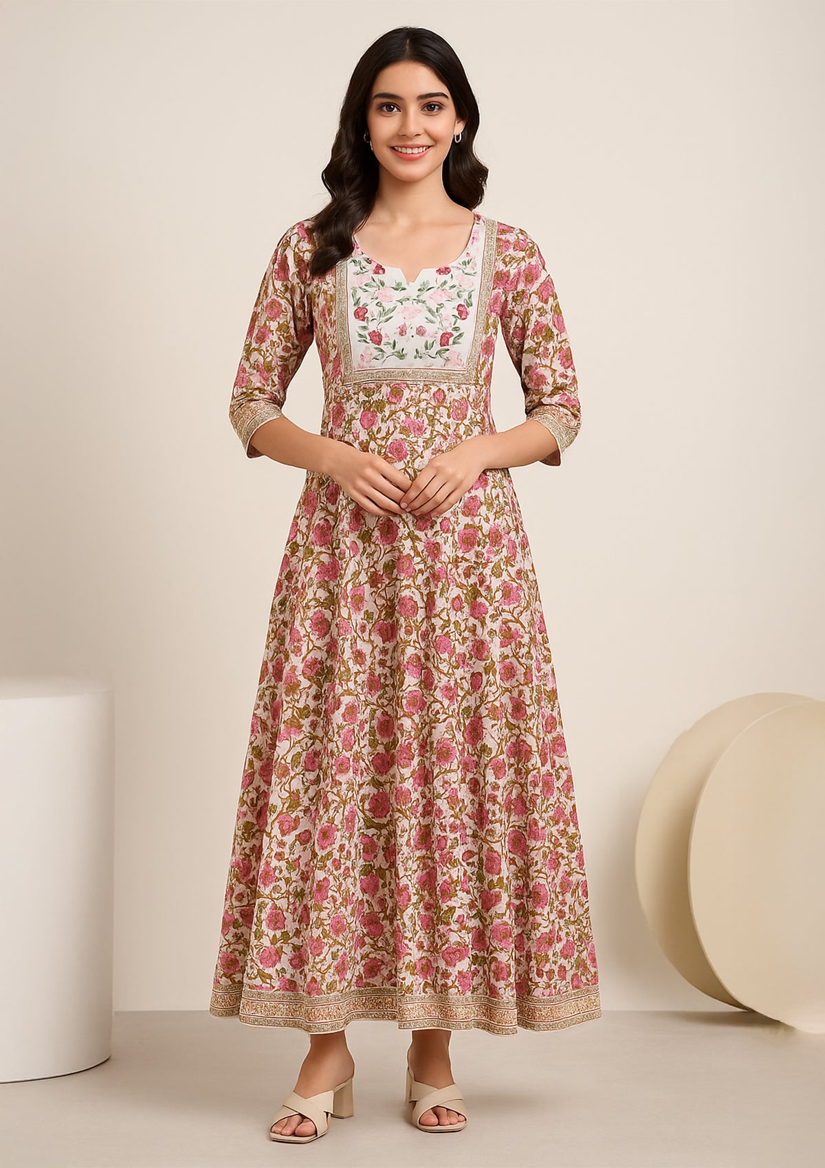 Embroidered Cotton Floor Length Gown for Women – White Floral Print