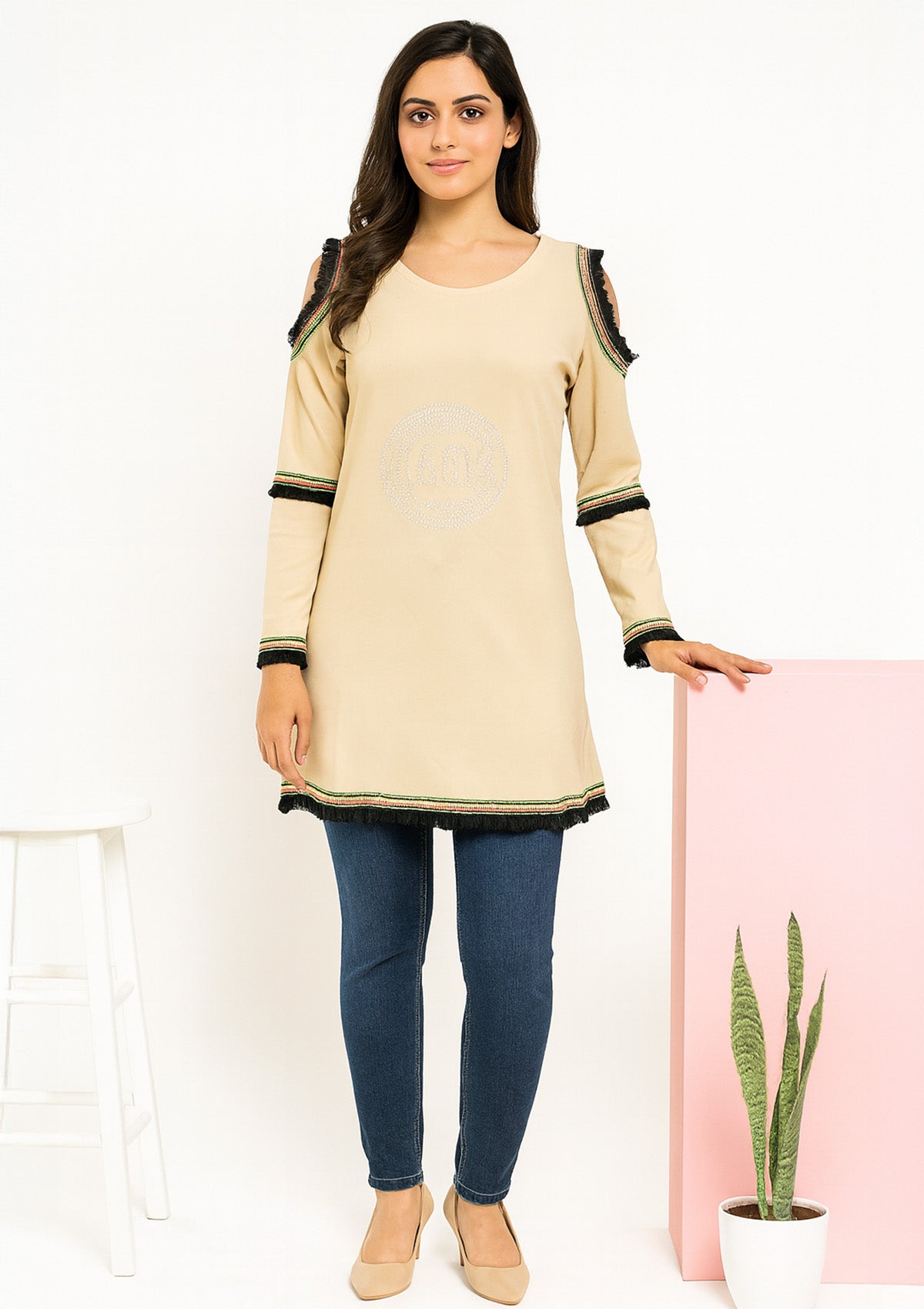 Beige Stretchable Off Shoulder Top – Statement Sleeve