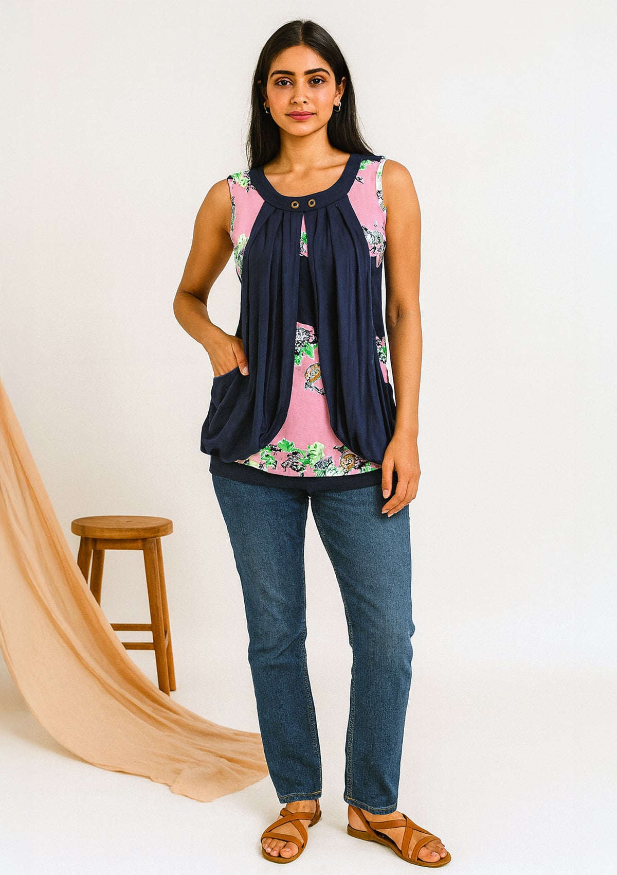 Women’s Stretchable Navy & Pink Floral Layered Top – Sleeveless