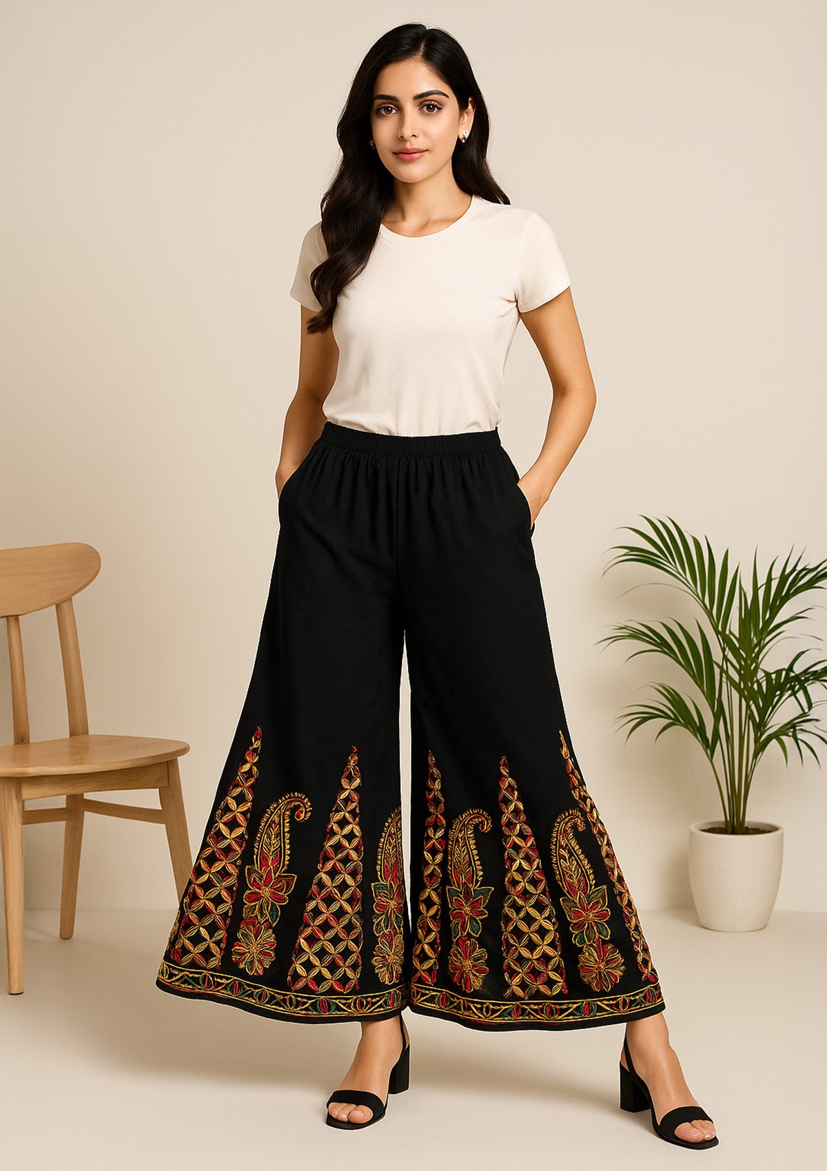 Women’s Black Georgette Sharara – Gota Patti & Multicolour Threadwork