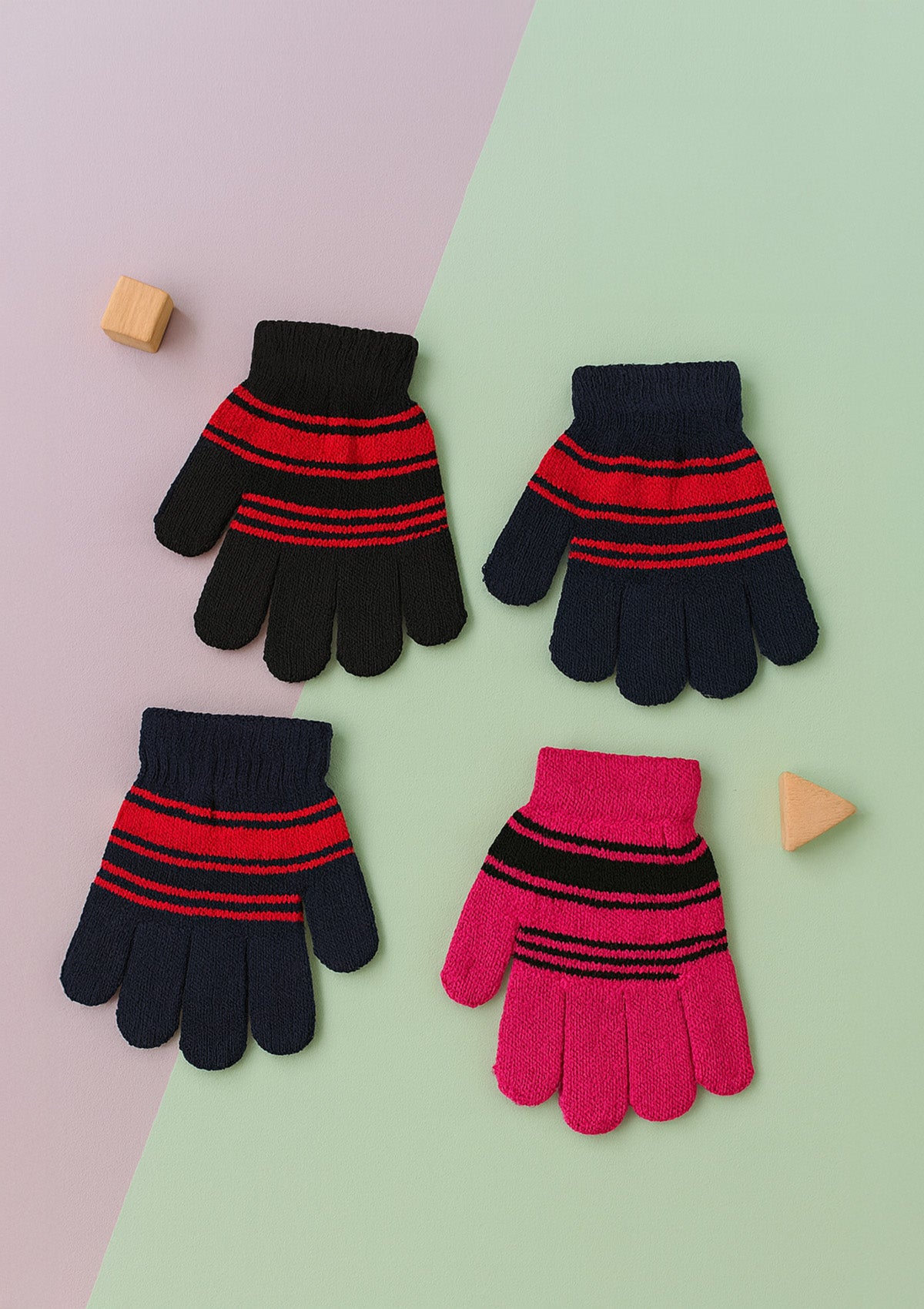 Kids Winter Gloves Set of 4 – Soft Knitted Stripe Finger Gloves