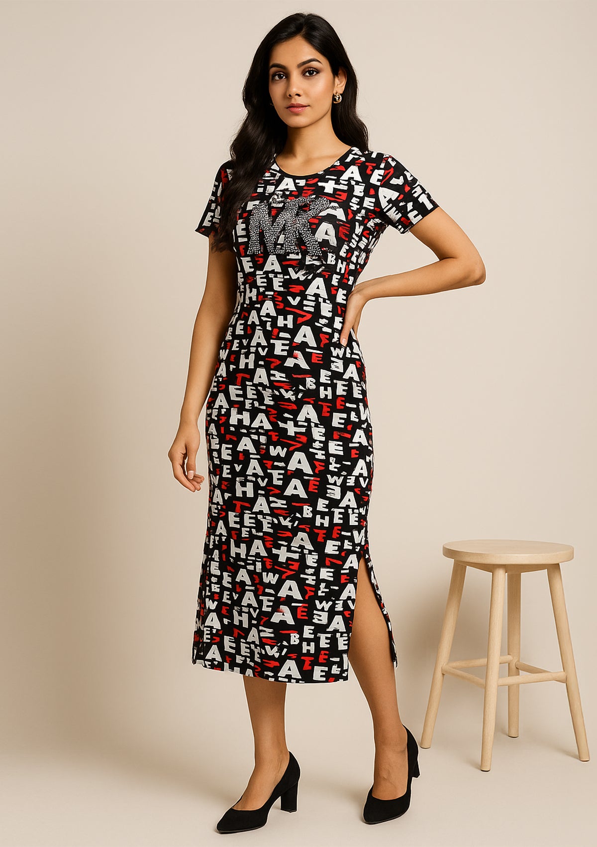 Women’s Red Black Text Graphic Printed Viscose Midi Dress