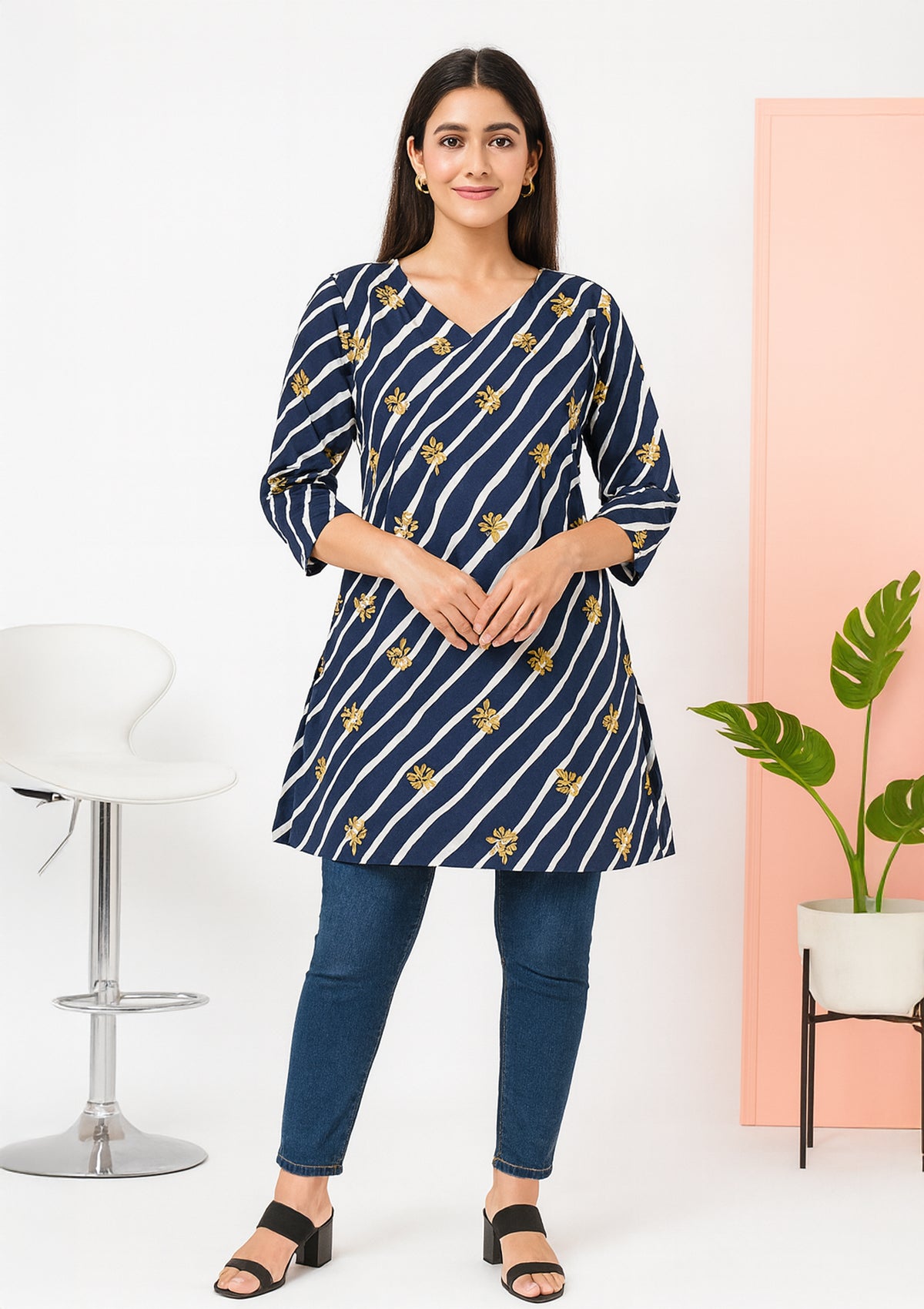 Navy Stripe Cotton Short Kurta Top – Yellow Floral Print