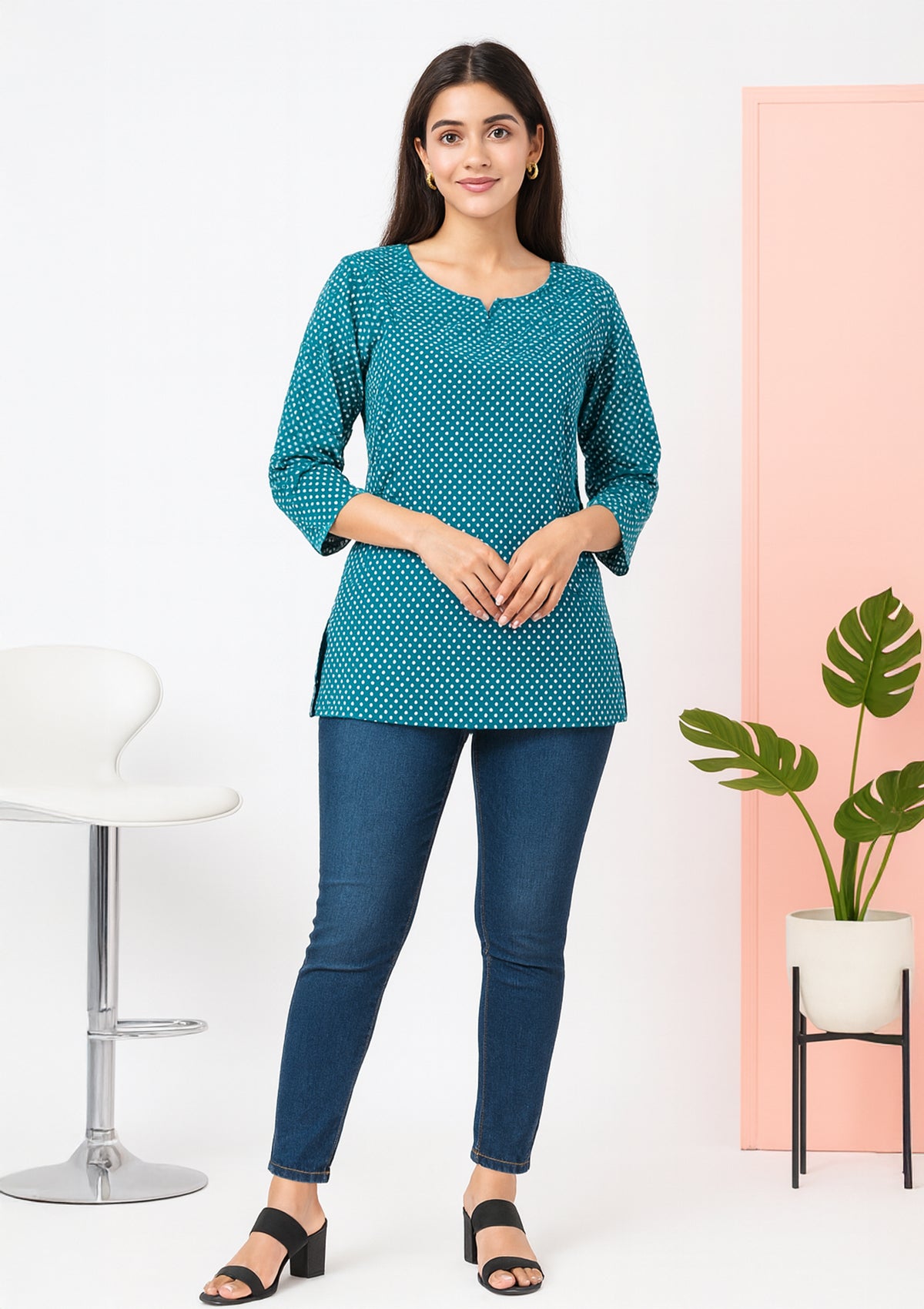Teal Blue Cotton Short Kurta Top – Mini Dot Print