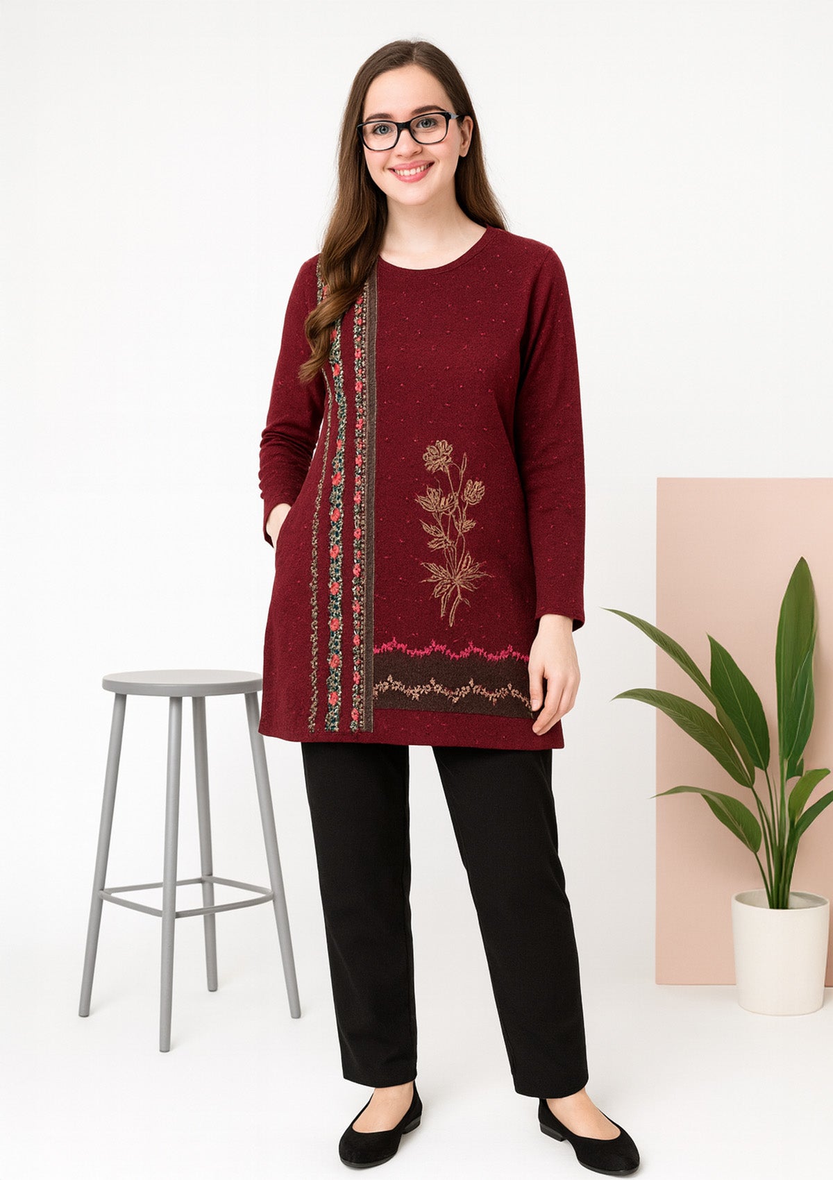 Warm Fleece Long Top – Soft Winter Tunic with Floral Embroidery
