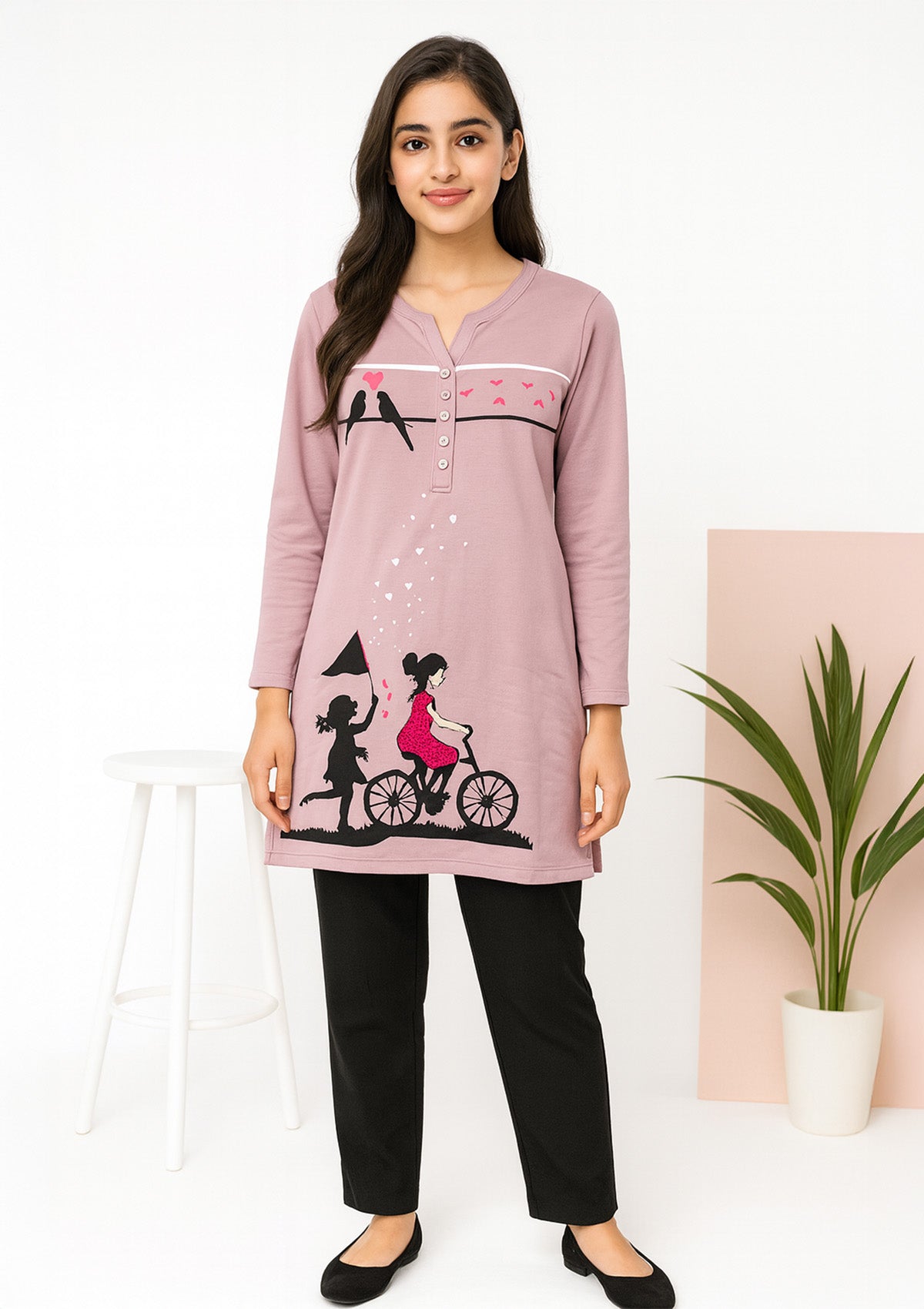 Warm Long T‑Shirt – Soft Brushed Winter Kurti Top