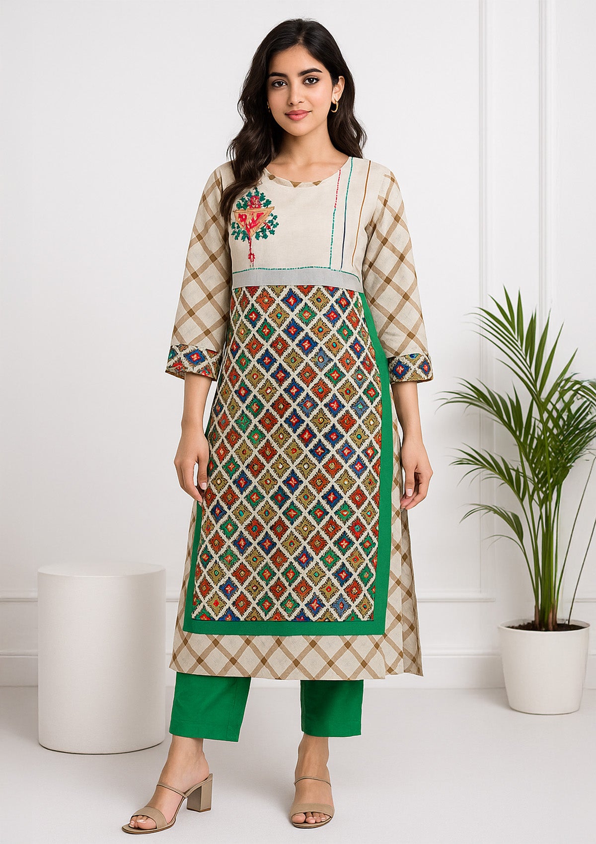 Ethnic Ivory Checks & Multicolor Embroidered Designer Panel Kurti